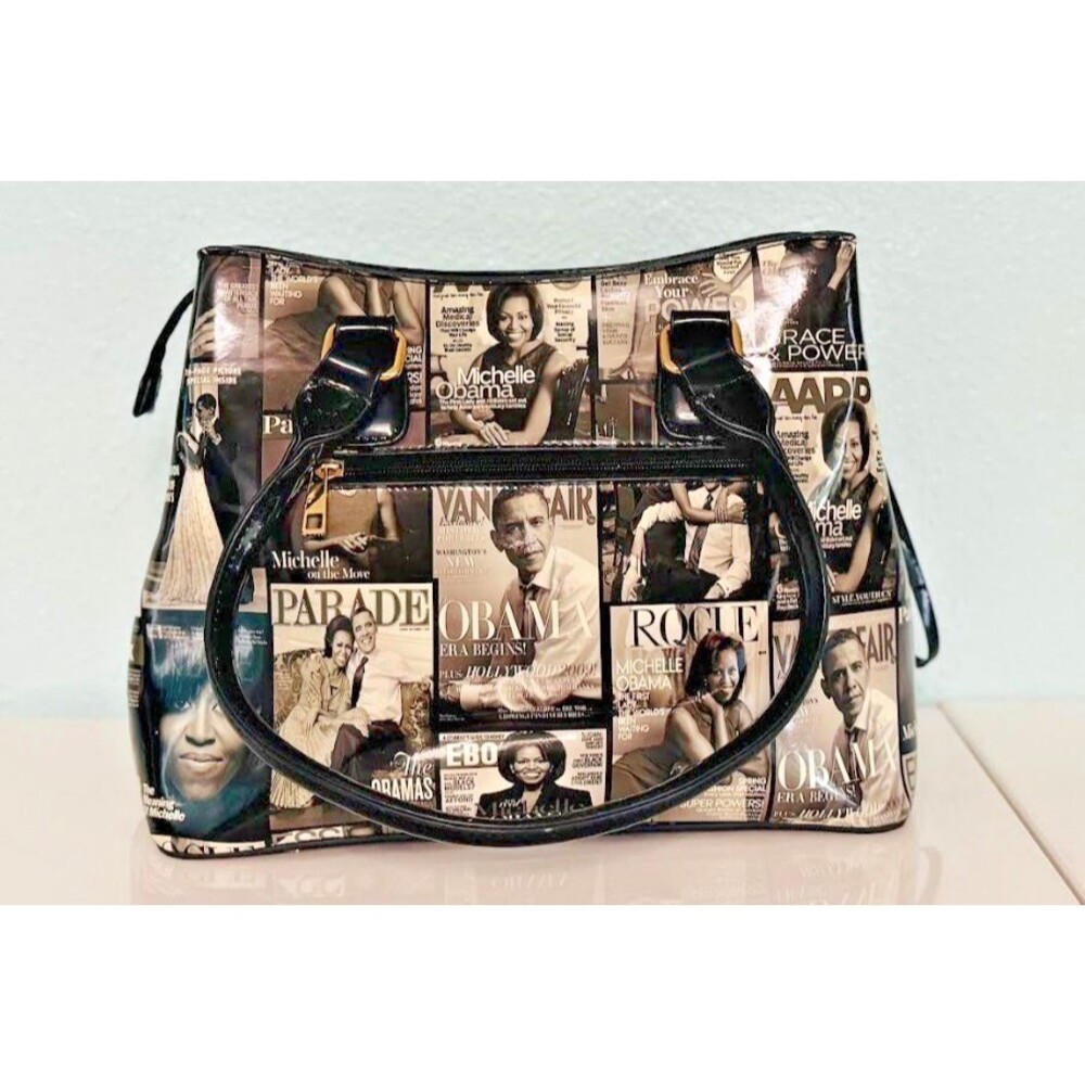 Michelle Obama Glossy Handbag Black And White Photo Collage Gold Color Trim